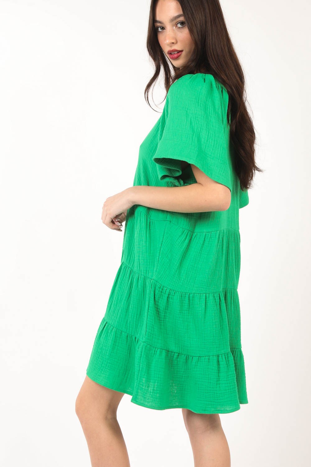VERY J Texture V-Neck Ruffled Tiered Dress VERY J Texture V-Neck Ruffled Tiered Dress - TopFashionHQ