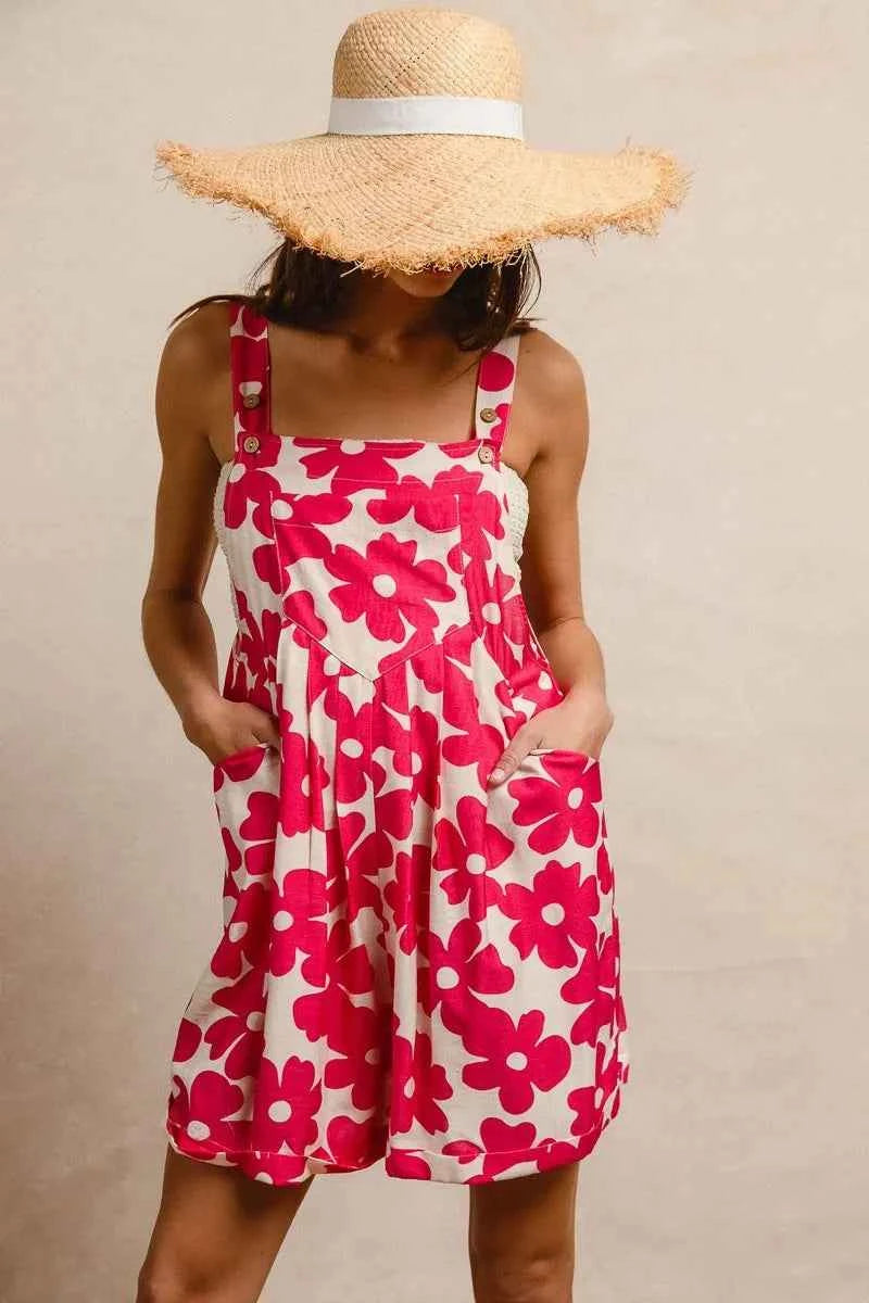 BiBi Floral Prints Tuck Detail Short Overall With Pockets BiBi Floral Prints Tuck Detail Short Overall With Pockets