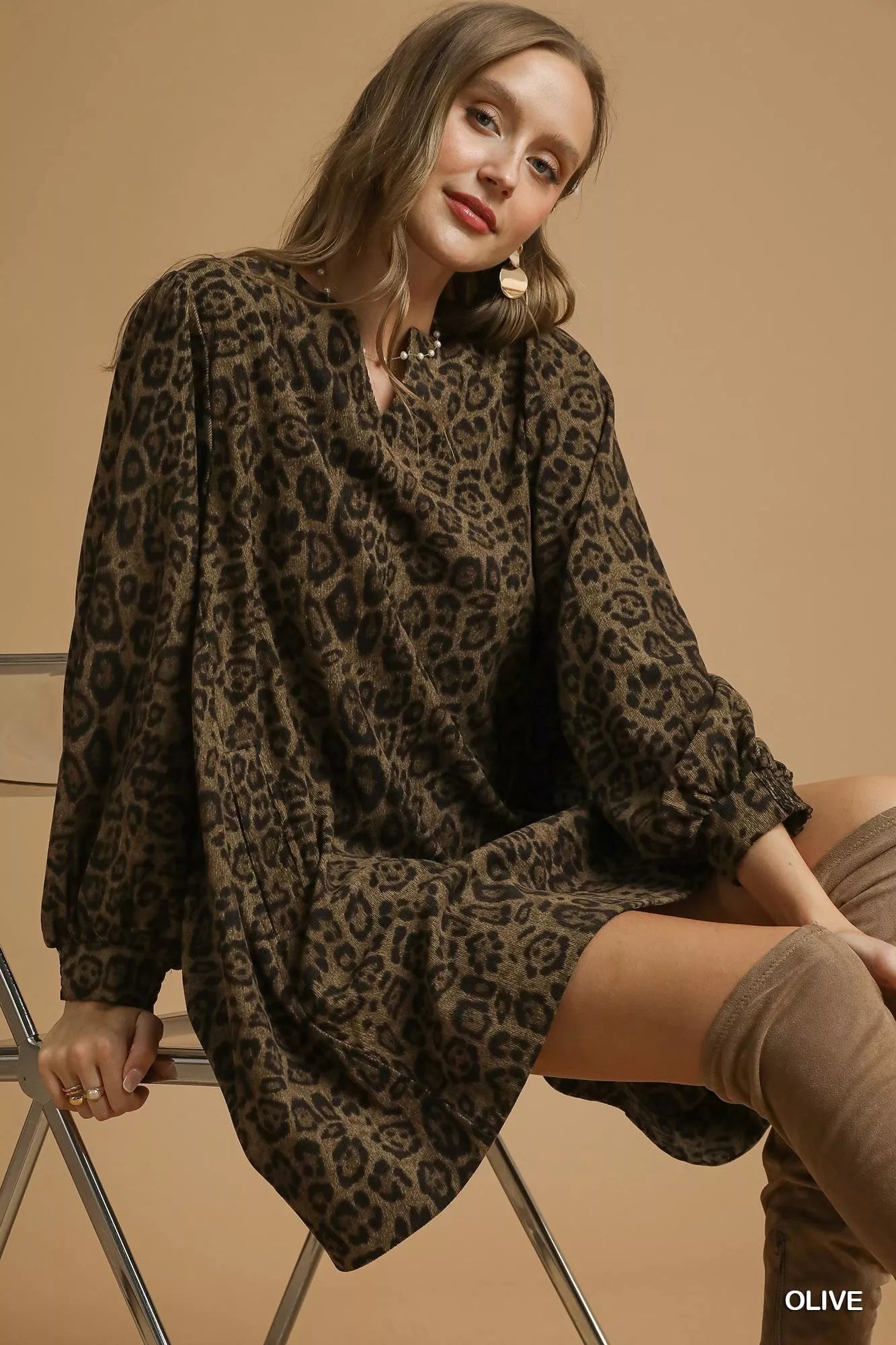 Umgee Leopard Print Long Sleeve Swing Dress 9237bdb9-79da-4fa0-a173-b5f3fbbd99cc-Max-Origin