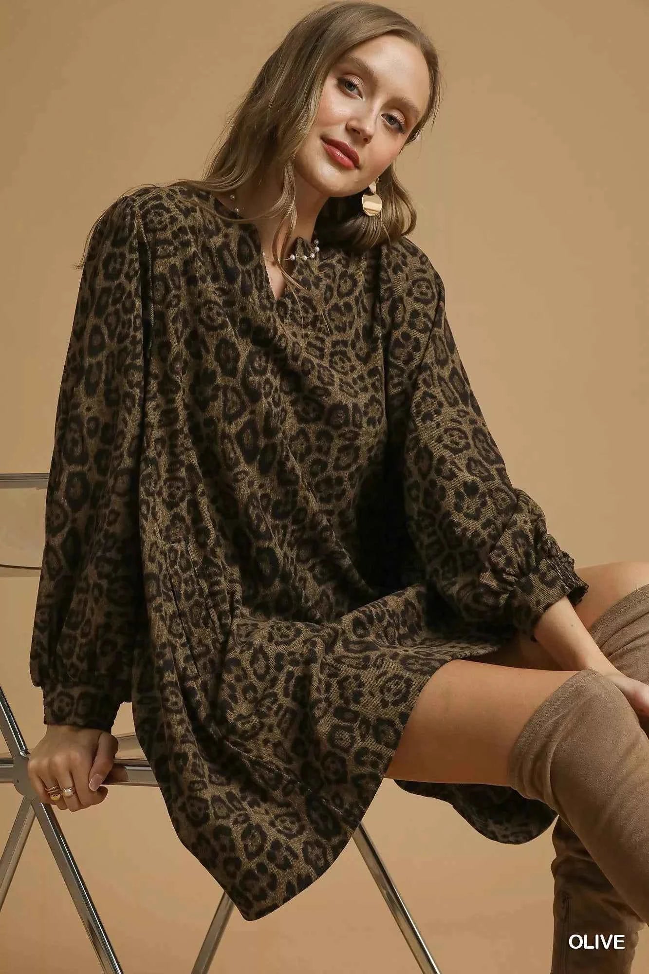Umgee Leopard Print Long Sleeve Swing Dress Umgee Leopard Print Long Sleeve Swing Dress