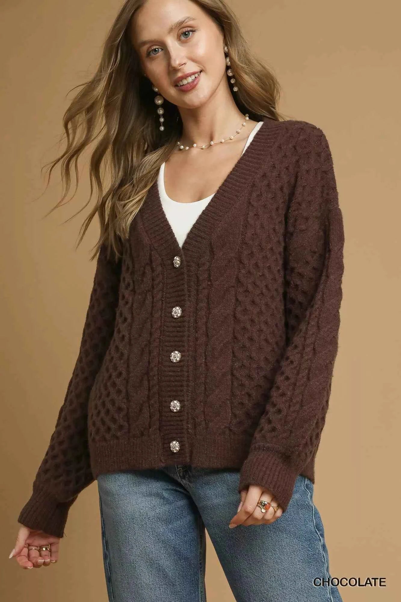 Umgee Cable Knit Pearl Button Cardigan Umgee Cable Knit Pearl Button Cardigan