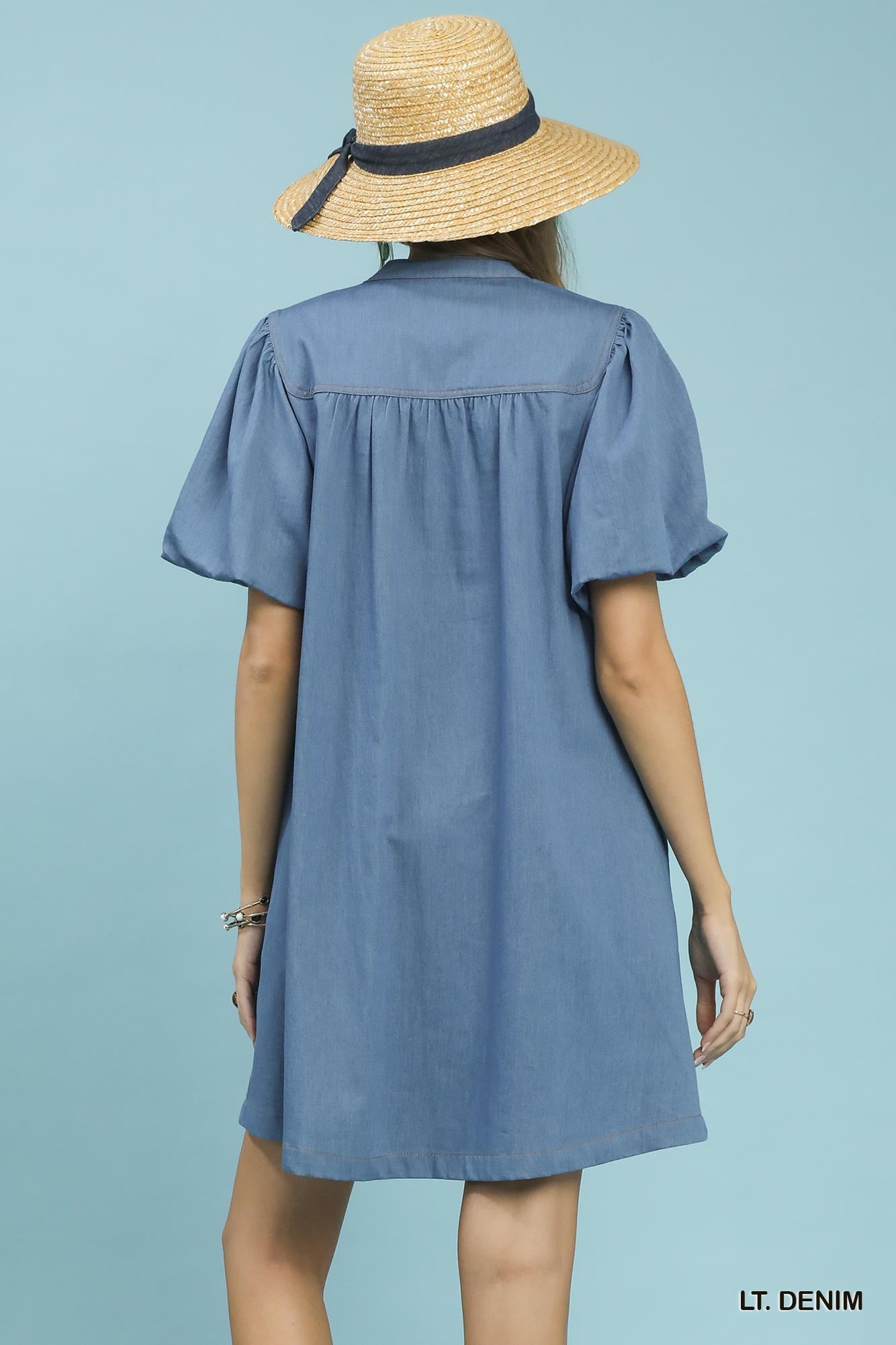 Umgee Chambray Puff Sleeve Dress 928284d2-0195-4229-8755-91067ae6cc2b-Max