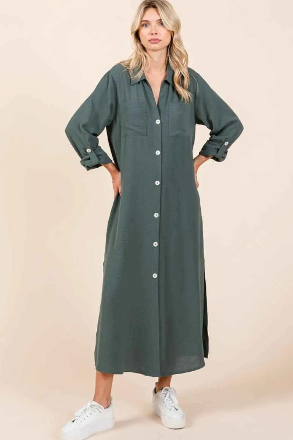 Mittoshop Airflow V-Neck Long Sleeve Button Down Maxi Dress Mittoshop Airflow V-Neck Long Sleeve Button Down Maxi Dress