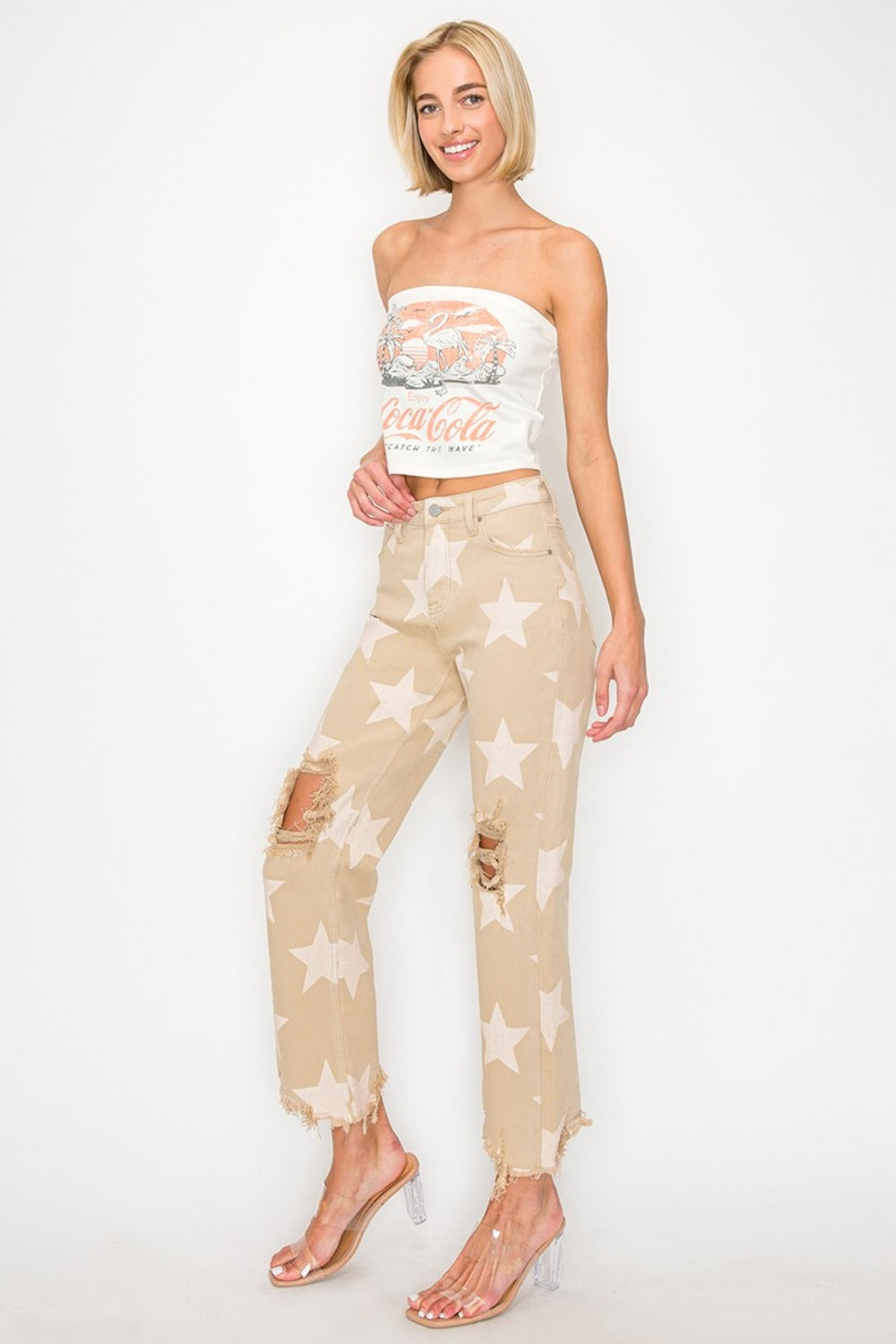 RISEN Full Size High Rise Star Printed Frayed Hem Jeans RISEN Full Size High Rise Star Printed Frayed Hem Jeans - TopFashionHQ