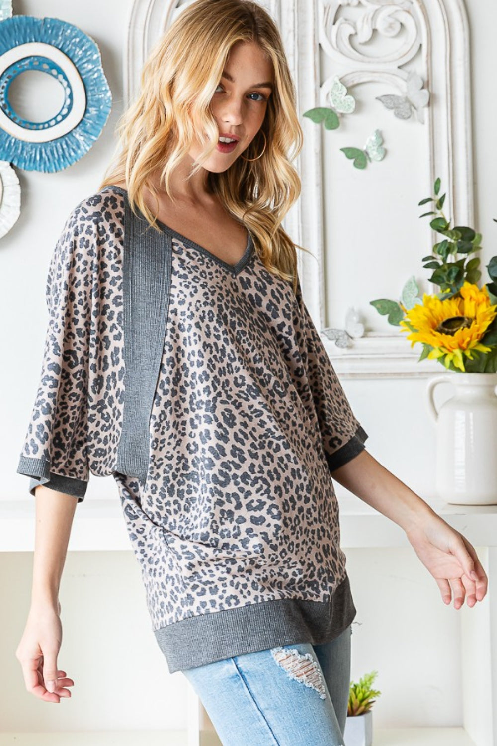Heimish Full Size Leopard Contrast V-Neck Half Sleeve T-Shirt Heimish Full Size Leopard Contrast V-Neck Half Sleeve T-Shirt - TopFashionHQ
