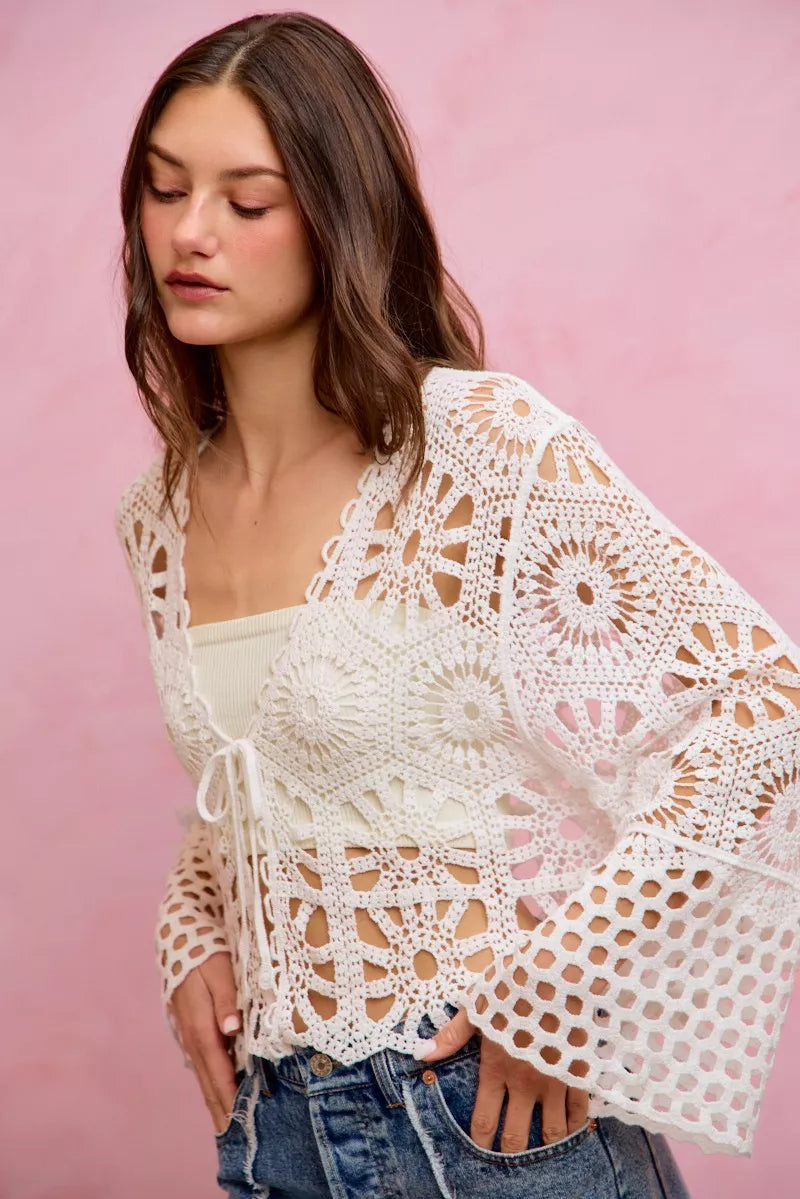 SO ME Floral Pattern Crochet Knit Tie Front Crop Cardigan 92e173b7c5a44d59bffd8ca40233caf5-Max-Origin