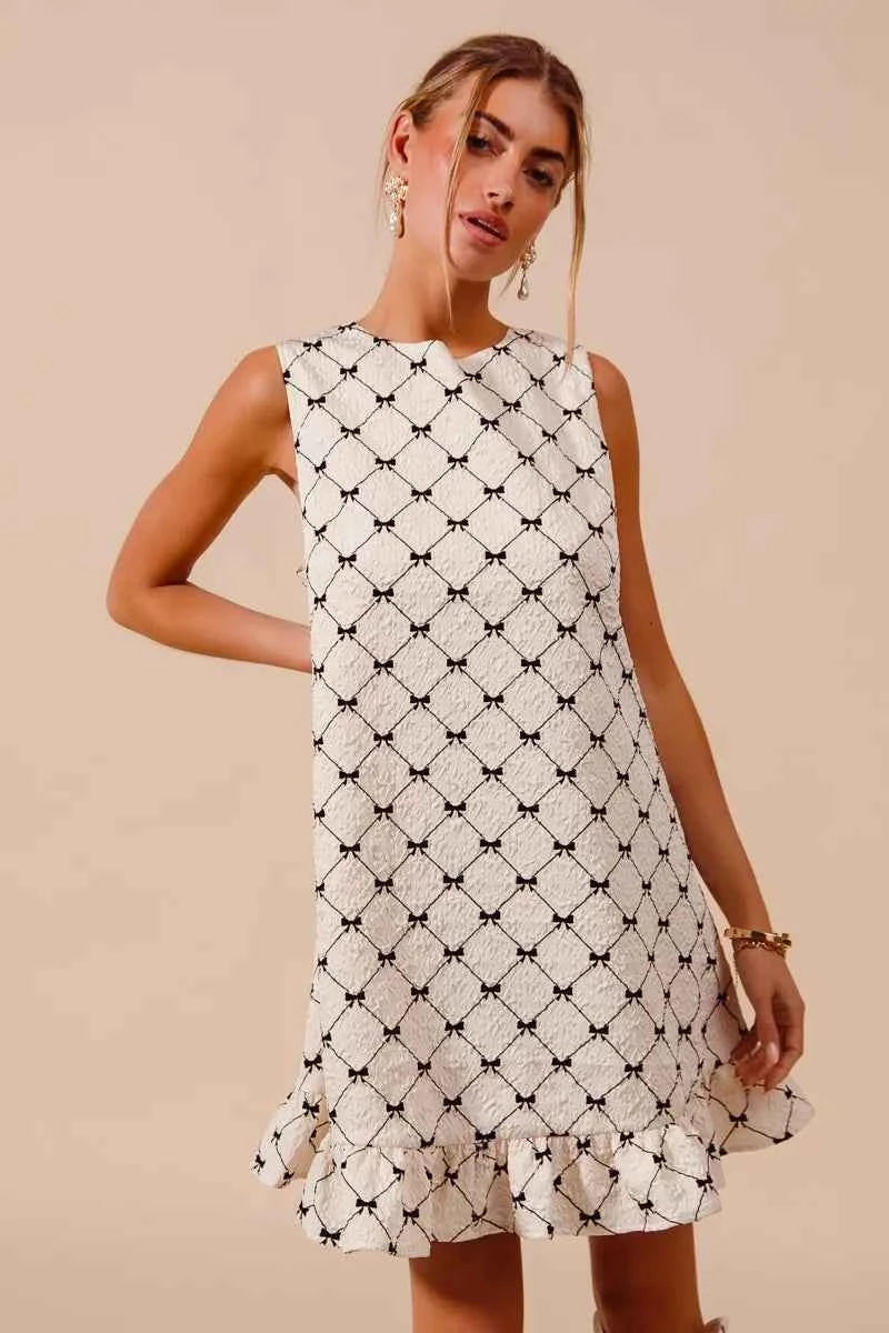 SO ME Texture Bow Printed Mini Ruffle Dress SO ME Texture Bow Printed Mini Ruffle Dress