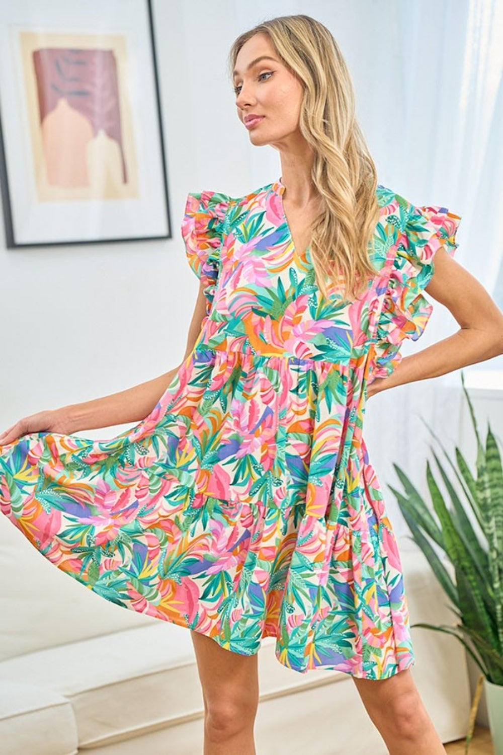 First Love Ruffled Printed Notched Cap Sleeve Dress First Love Ruffled Printed Notched Cap Sleeve Dress - TopFashionHQ