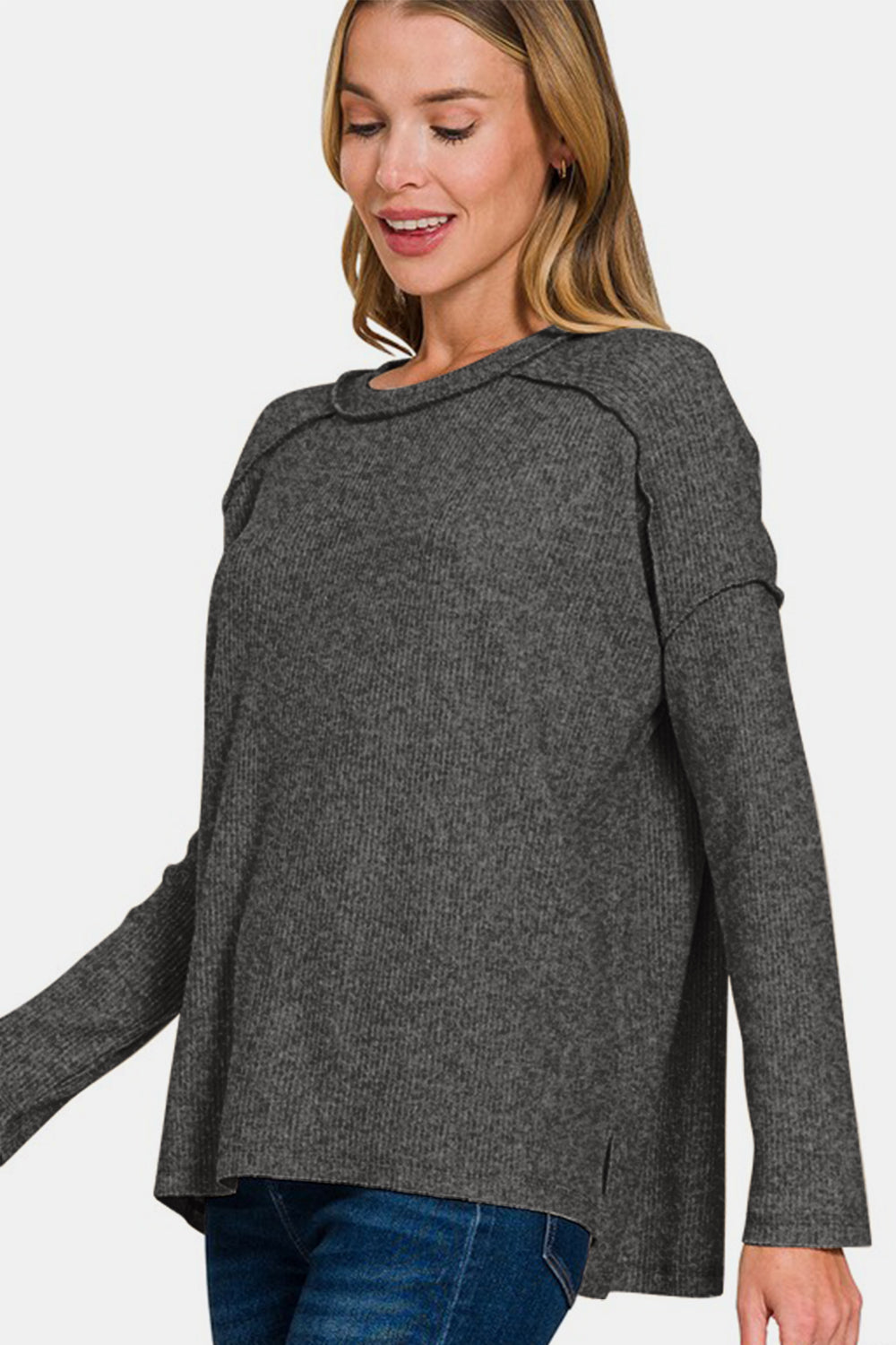 Zenana Full Size Exposed Seam Brushed Round Neck Sweater Zenana Full Size Exposed Seam Brushed Round Neck Sweater - TopFashionHQ