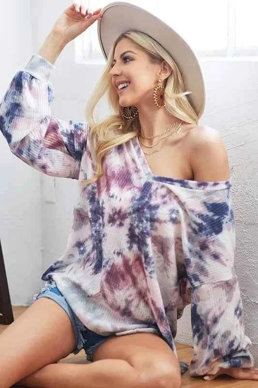 BiBi Tie-Dye V-Neck Long Sleeve Waffle Top BiBi Tie-Dye V-Neck Long Sleeve Waffle Top