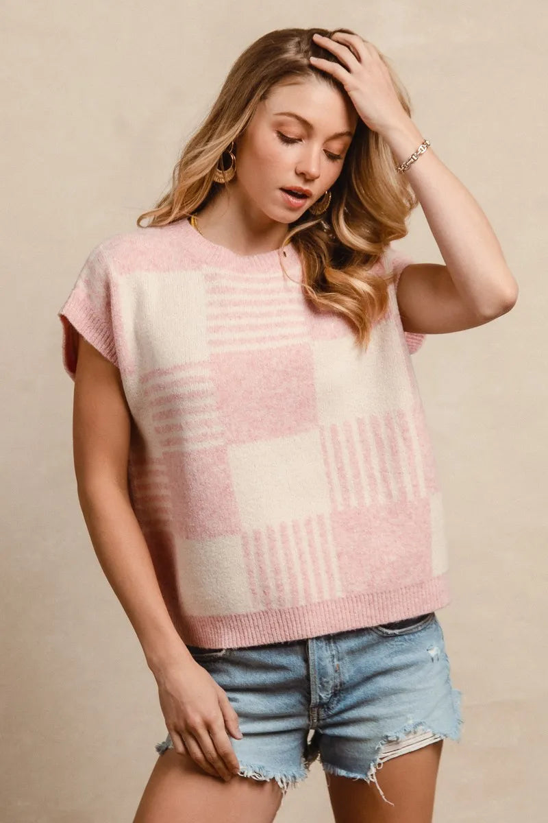 BiBi Checker With Stripes Pattern Sleeveless Sweater 935320cfbe2f4e5f9b439245548e2769-Max-Origin