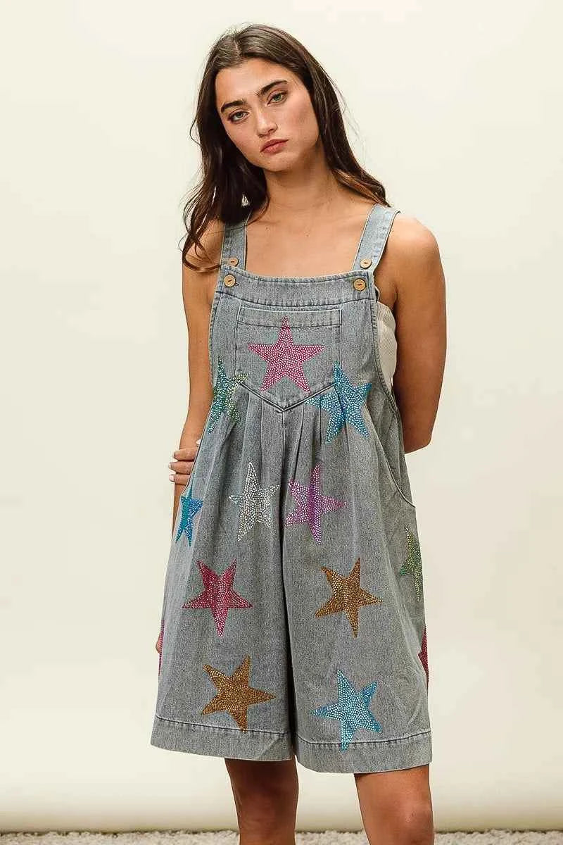 BiBi Star Rhinestone Washed Wide Leg Shortalls BiBi Star Rhinestone Washed Wide Leg Shortalls