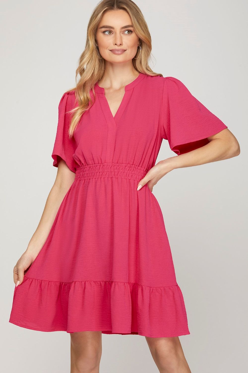 She + Sky Ruffled Hem Notched Flutter Sleeve Mini Dress 9361162c-e81e-4c88-bd0f-8c0b7062c1b1-Max