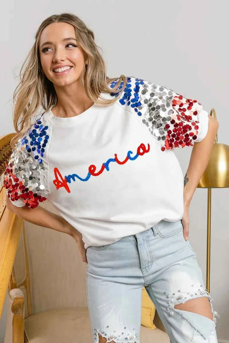 BiBi America Letter Applique Spangle Puff Sleeves Top BiBi America Letter Applique Spangle Puff Sleeves Top