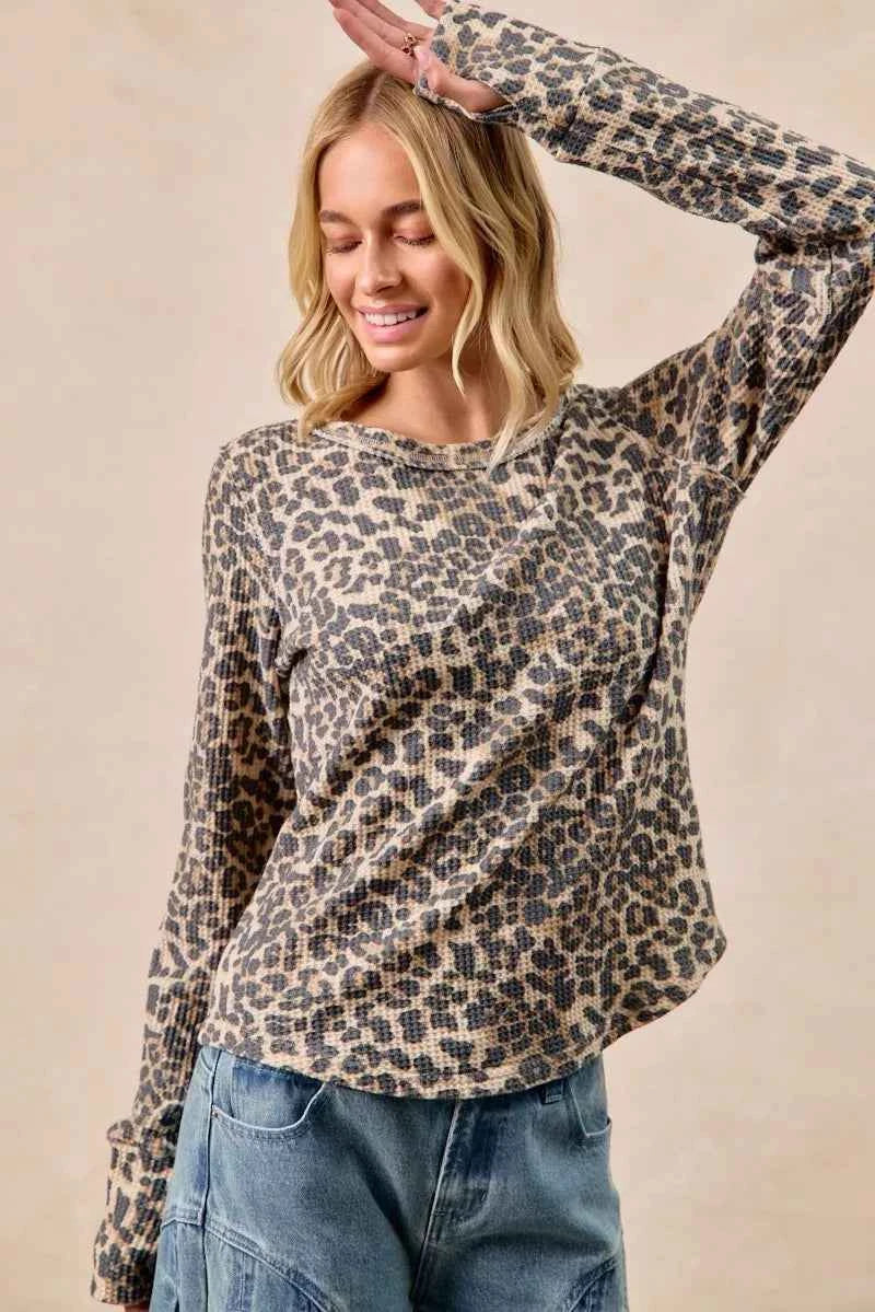 BiBi Leopard Print Washed Waffle Thermal Top with Thumb BiBi Leopard Print Washed Waffle Thermal Top with Thumb