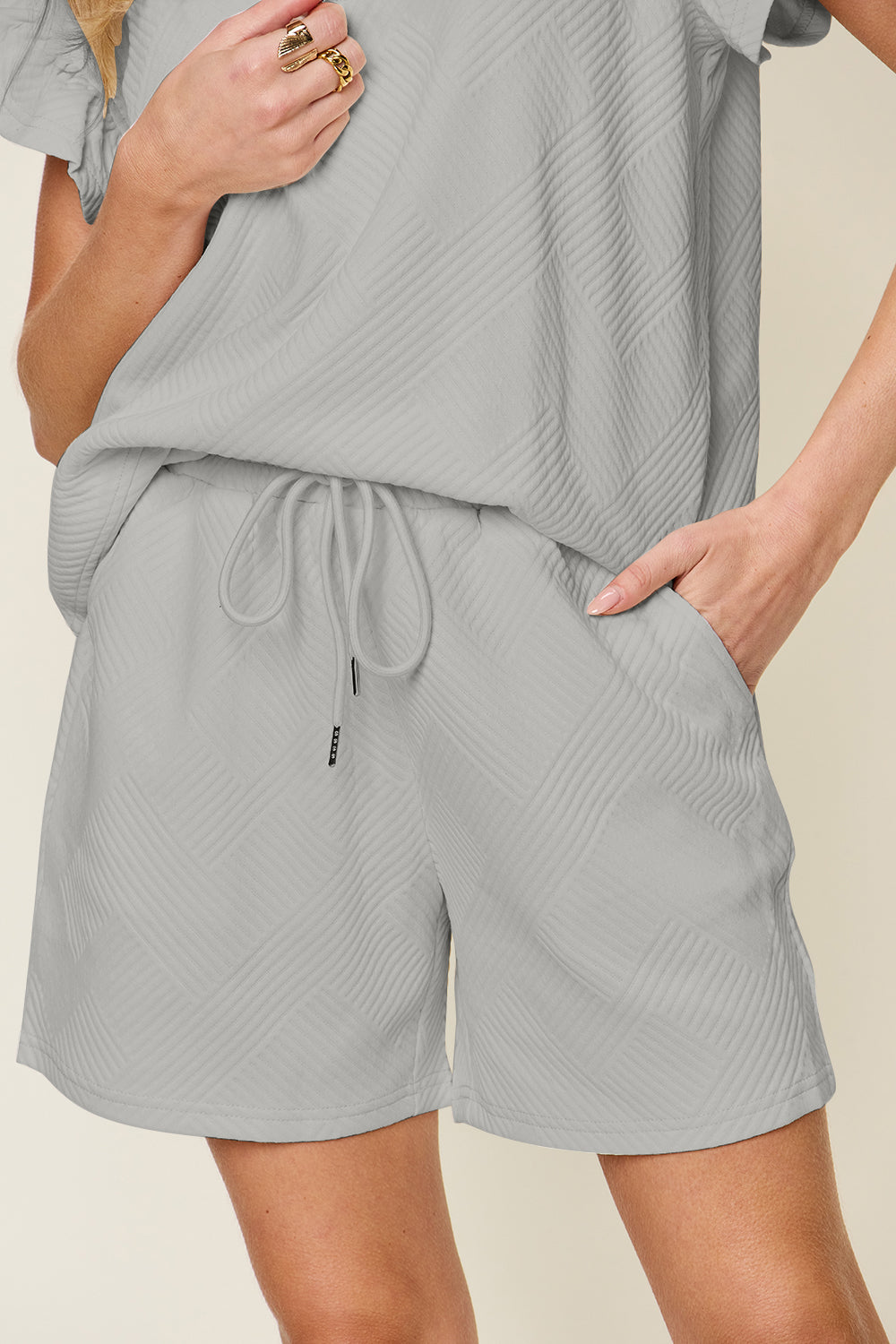 Double Take Full Size Texture Flounce Sleeve Top and Drawstring Shorts Set Double Take Full Size Texture Flounce Sleeve Top and Drawstring Shorts Set