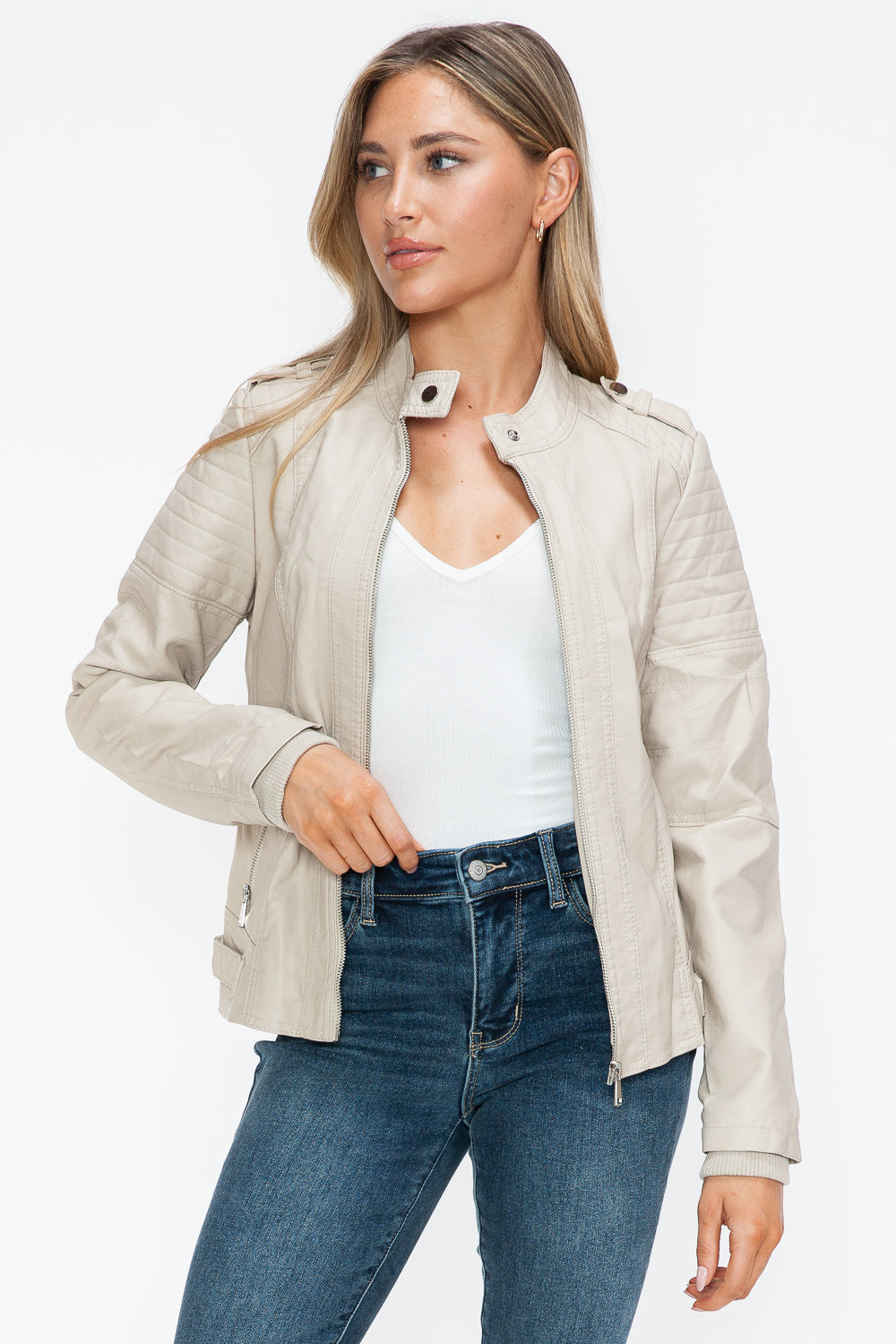 Snobbish PU Leather Biker Jacket with Side Zip Pockets Snobbish PU Leather Biker Jacket with Side Zip Pockets - TopFashionHQ