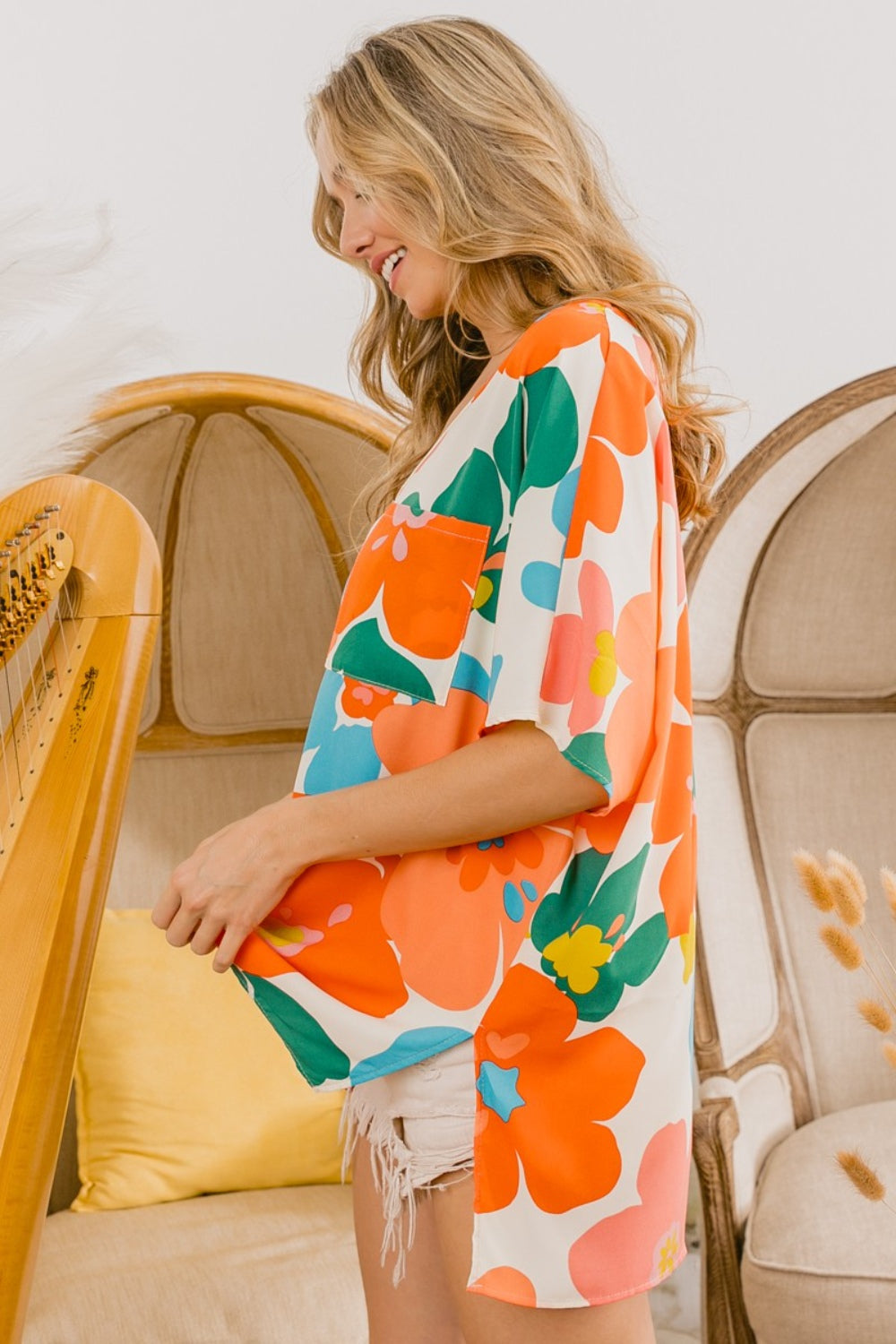 BiBi Floral V Neck Slit Side T-Shirt BiBi Floral V Neck Slit Side T-Shirt - TopFashionHQ