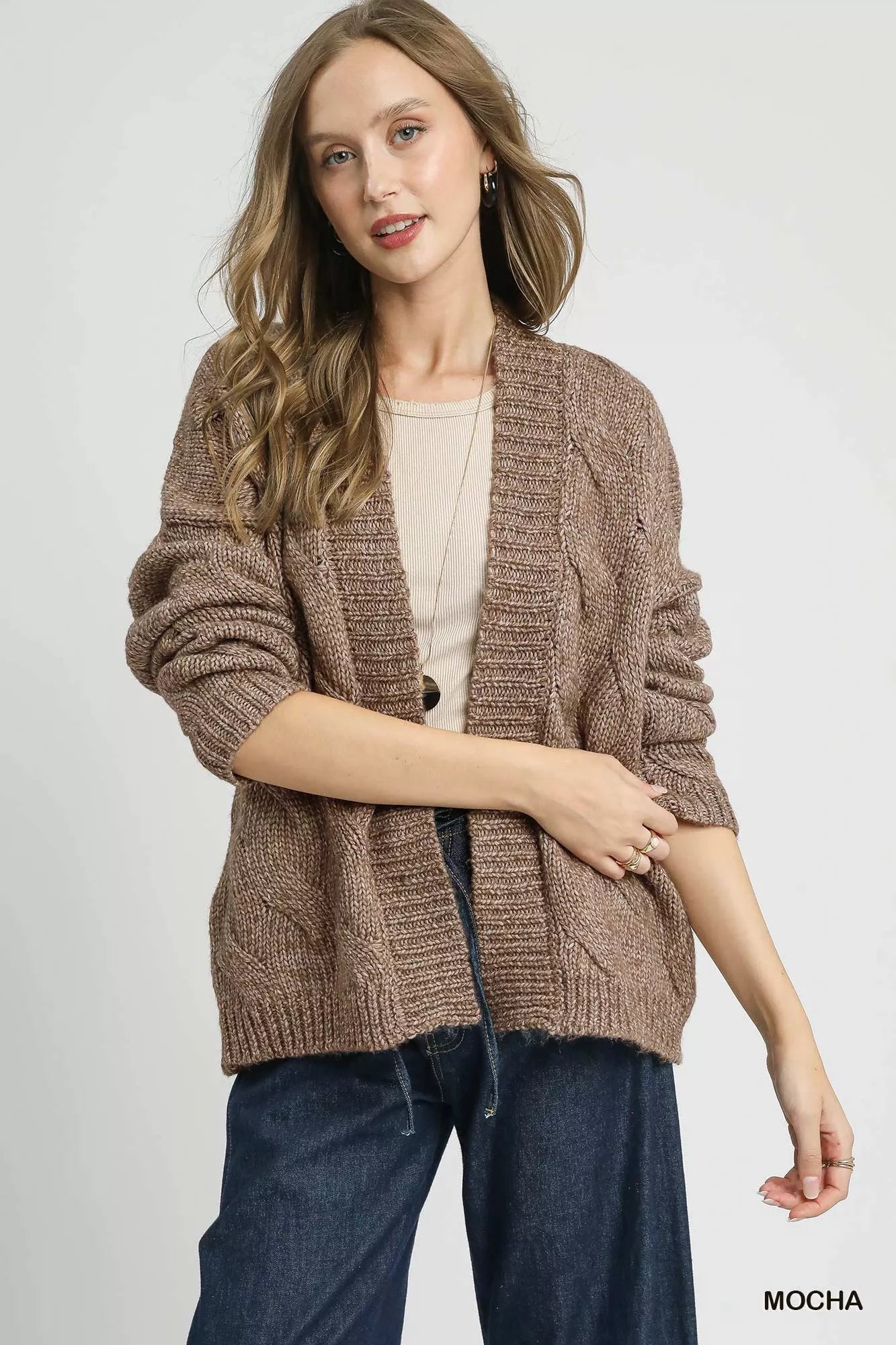 Umgee Chunky Cable Knit Open Front Cardigan 94283c6b-1668-4891-9acb-b0ba96e6b2ea-Max-Origin