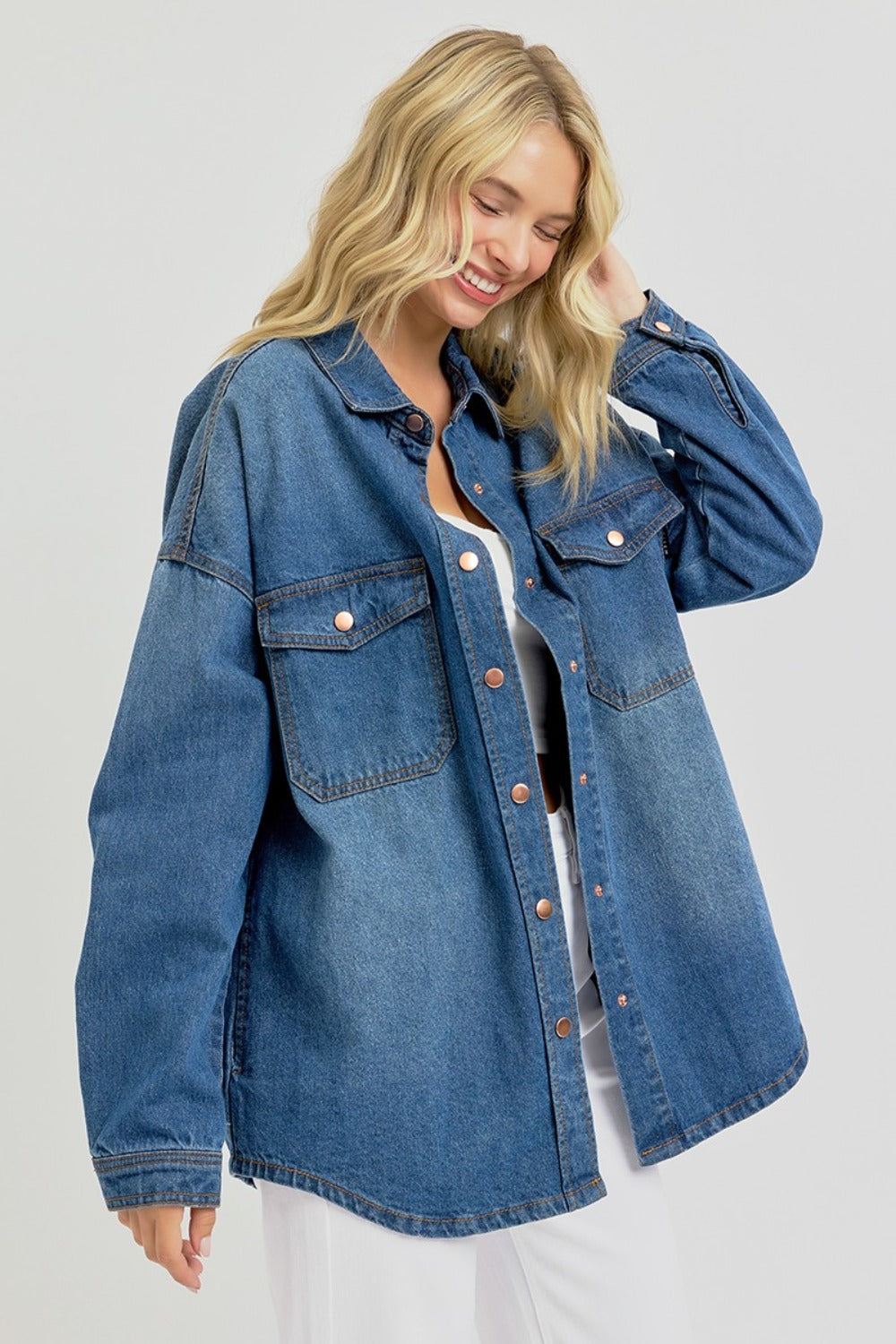 RISEN Full Size Snap Down Long Sleeve Denim Shacket RISEN Full Size Snap Down Long Sleeve Denim Shacket