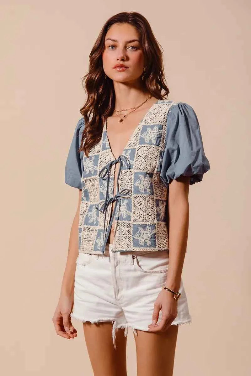SO ME Crochet Lace Tie Front V Neck Blouse Top SO ME Crochet Lace Tie Front V Neck Blouse Top