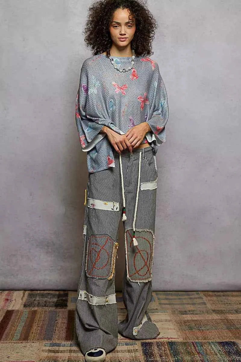 POL Butterflies Pattern Round Neck knit Top with Outseam Rolling Edge POL Butterflies Pattern Round Neck knit Top with Outseam Rolling Edge