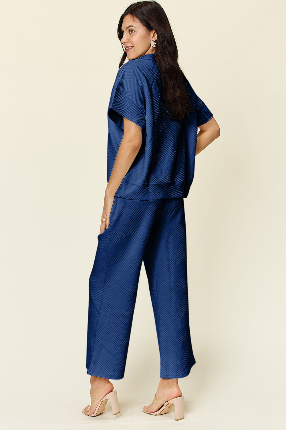 Double Take Full Size Texture Half Zip Short Sleeve Top and Pants Set Double Take Full Size Texture Half Zip Short Sleeve Top and Pants Set