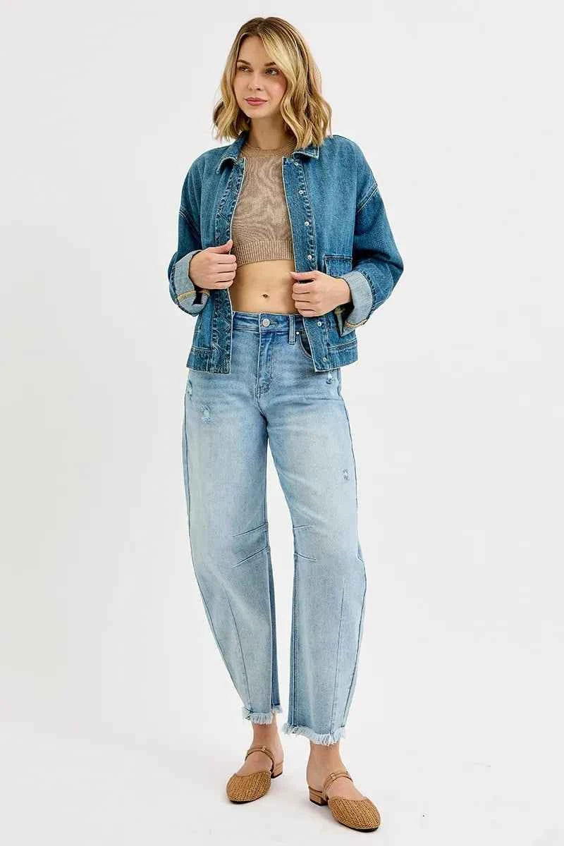 RISEN Oversized Cargo Pocket Denim Jacket with Cuffed Sleeves RISEN Oversized Cargo Pocket Denim Jacket with Cuffed Sleeves