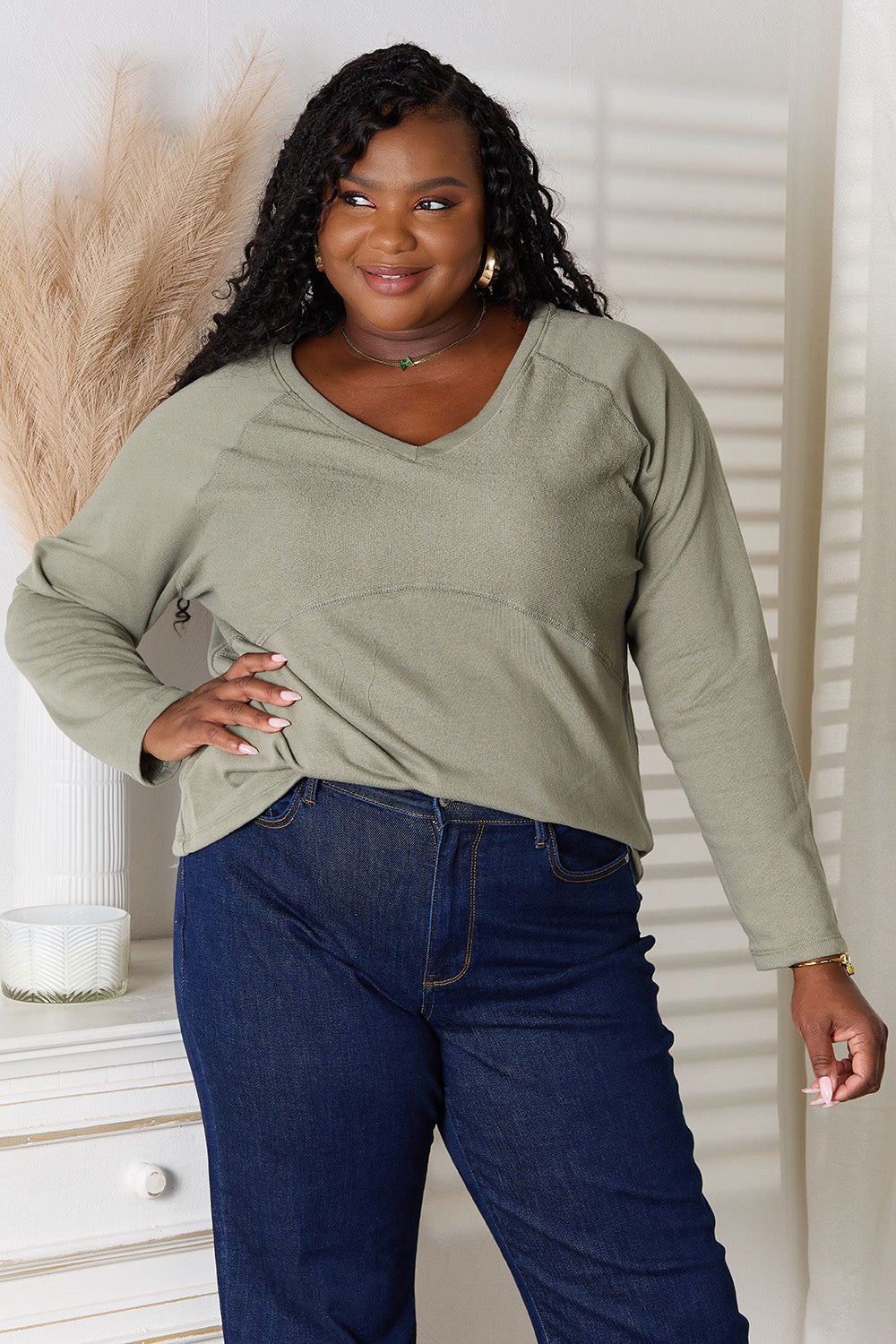 Culture Code Full Size V-Neck Long Sleeve T-Shirt Culture Code Full Size V-Neck Long Sleeve T-Shirt - TopFashionHQ