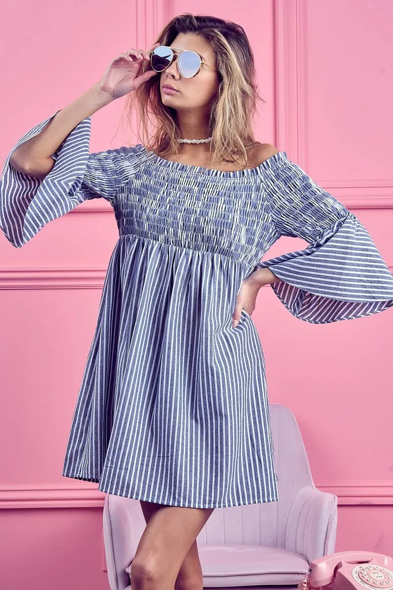 BiBi Smocked Off Shoulder Striped Dress 95376bb4544a42db97234b72874e1348-Max-Origin