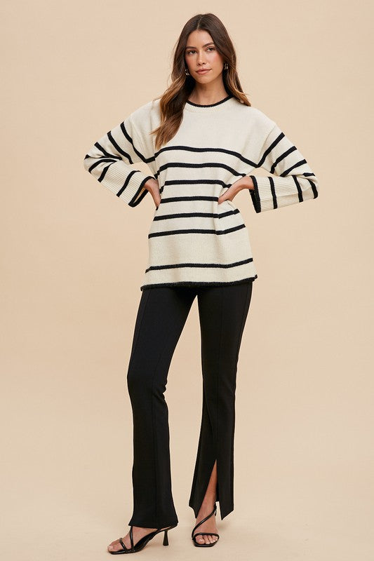 Annie Wear Side Slit Striped Round Neck Sweater Annie Wear Side Slit Striped Round Neck Sweater