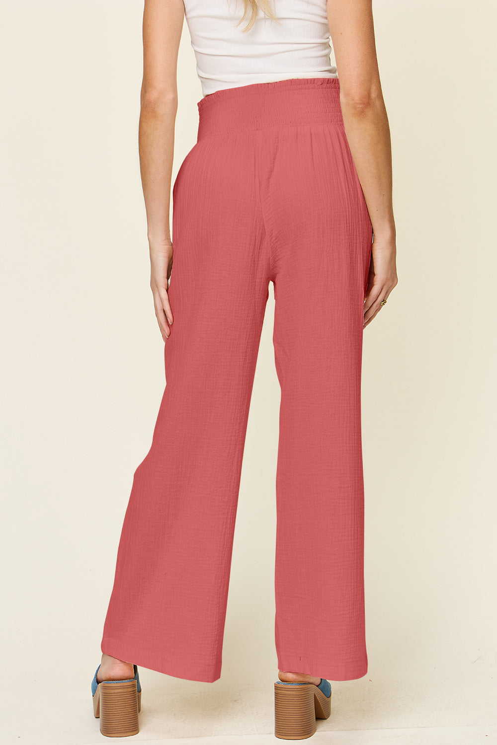 Double Take Full Size Texture Smocked Waist Wide Leg Pants Double Take Full Size Texture Smocked Waist Wide Leg Pants