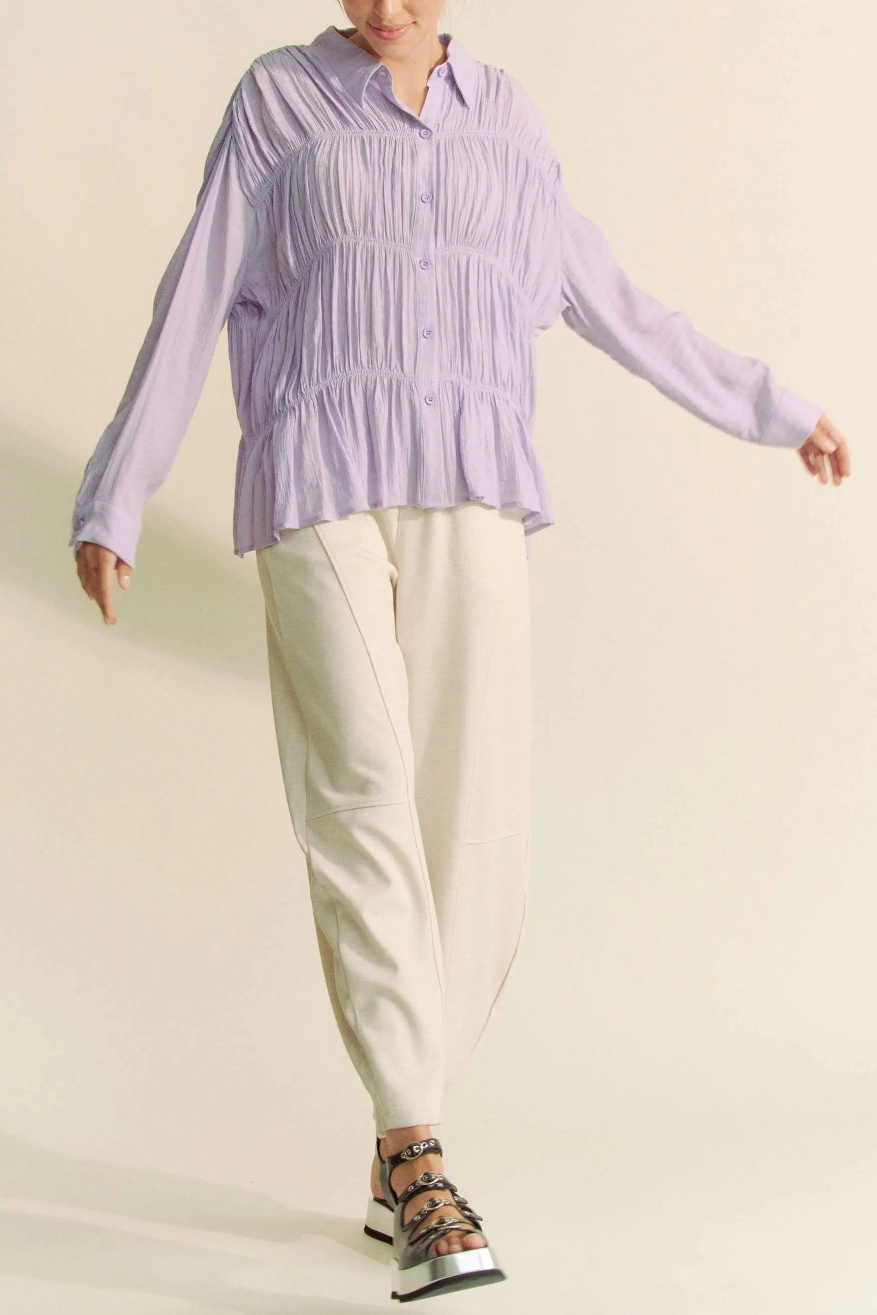 Davi & Dani Ruched All Over Button Front Shirt 954b60739c934bdfbaa67a7e0c067bd8-Max-Origin