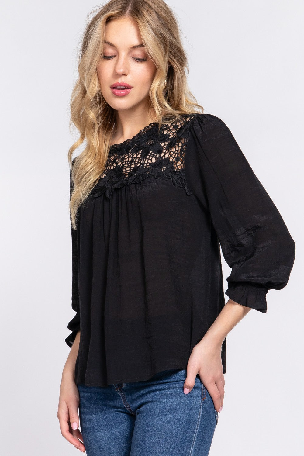 ACTIVE BASIC Crochet Lace Panel Flounce Sleeve Blouse ACTIVE BASIC Crochet Lace Panel Flounce Sleeve Blouse - TopFashionHQ