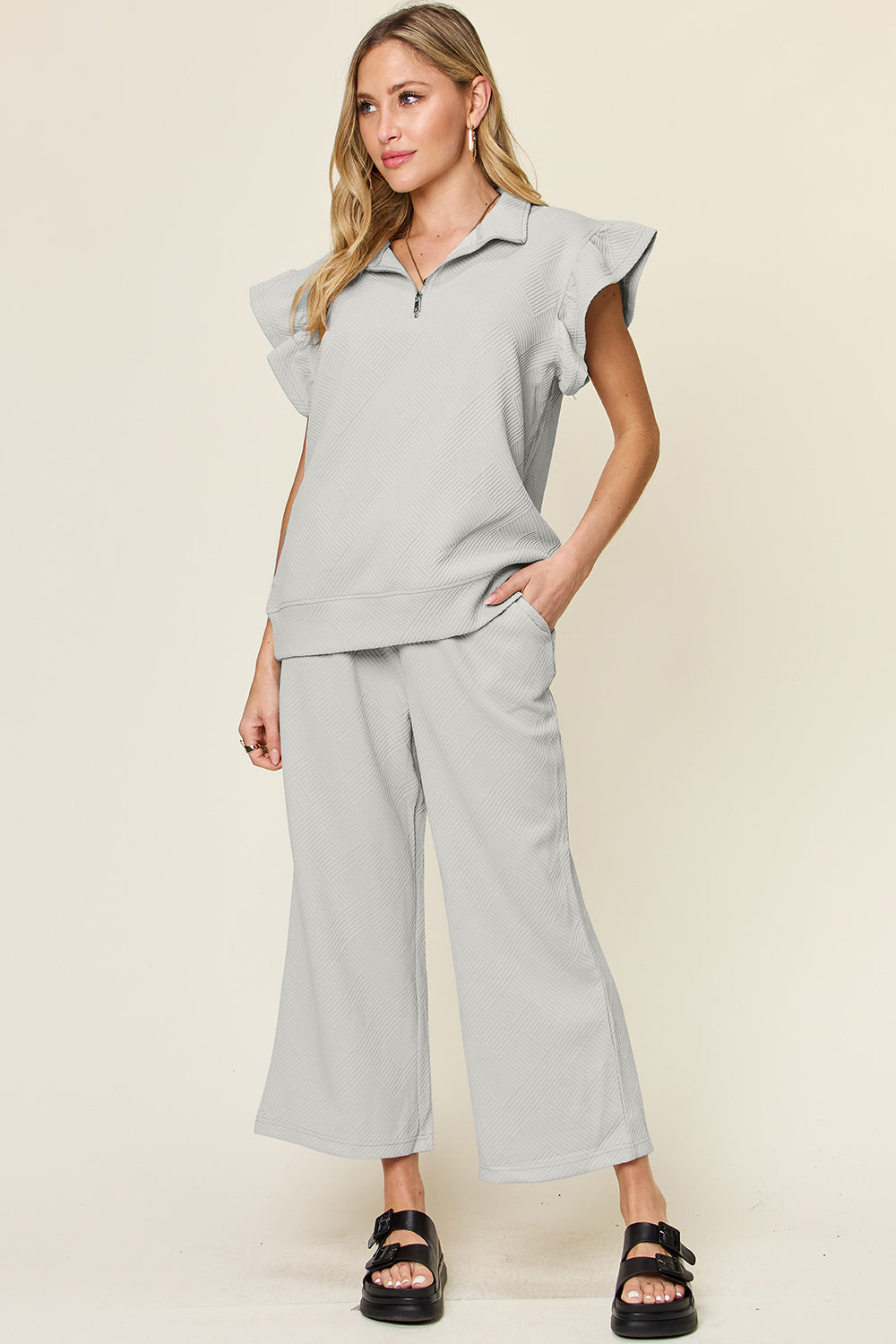Double Take Texture Ruffle Short Sleeve Top and Drawstring Wide Leg Pants Set Double Take Texture Ruffle Short Sleeve Top and Drawstring Wide Leg Pants Set