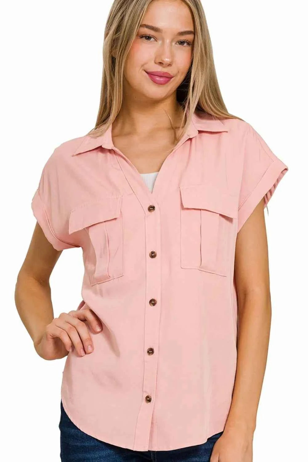 Zenana Tencel V-neck Collared Top W Front Flap Pockets Zenana Tencel V-neck Collared Top W Front Flap Pockets