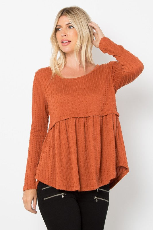 Be Stage Full Size Texture Babydoll Round Neck Long Sleeve Knit Top Be Stage Full Size Texture Babydoll Round Neck Long Sleeve Knit Top - TopFashionHQ