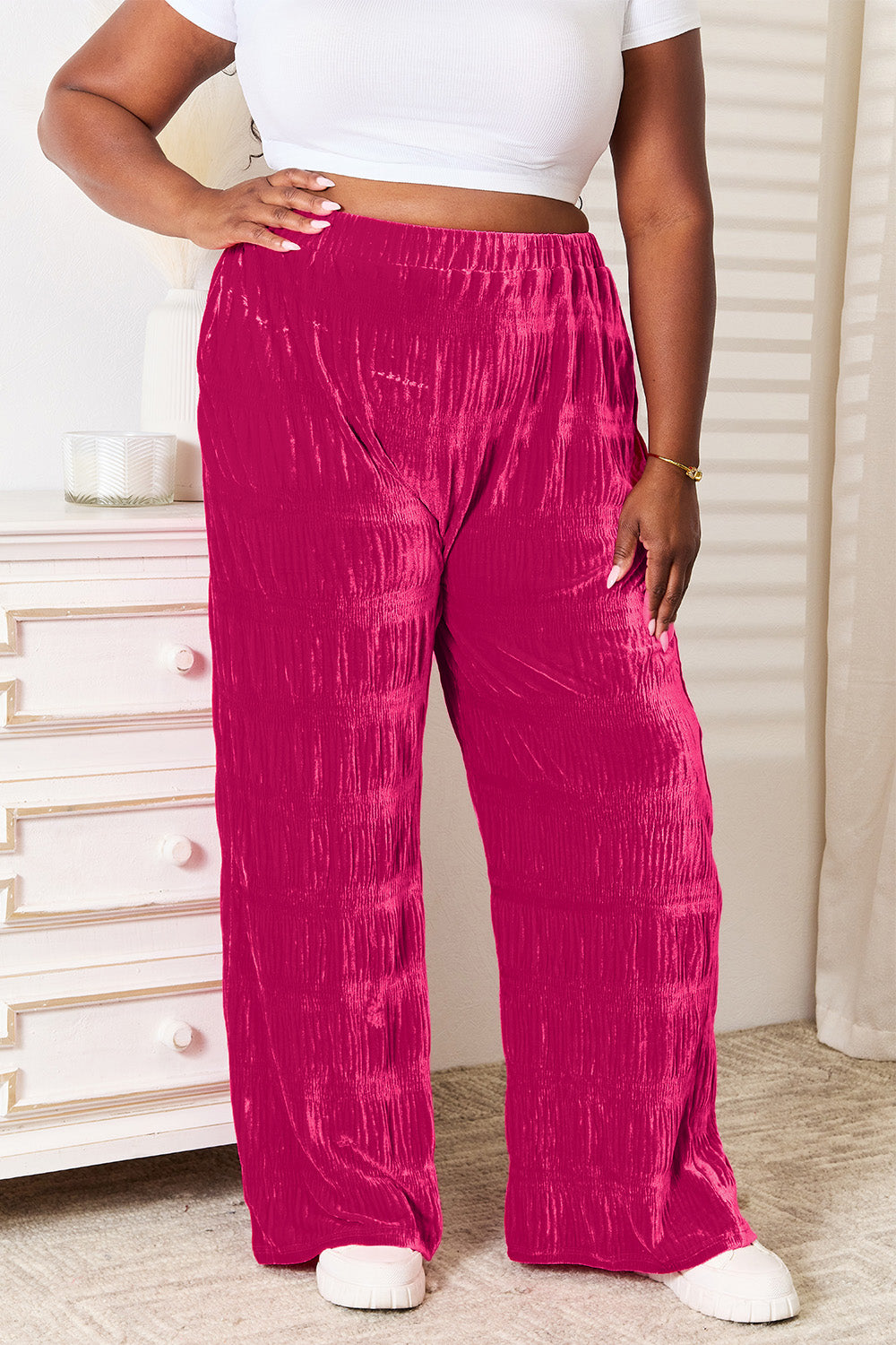 Double Take Full Size High Waist Tiered Shirring Velvet Wide Leg Pants Double Take Full Size High Waist Tiered Shirring Velvet Wide Leg Pants - TopFashionHQ