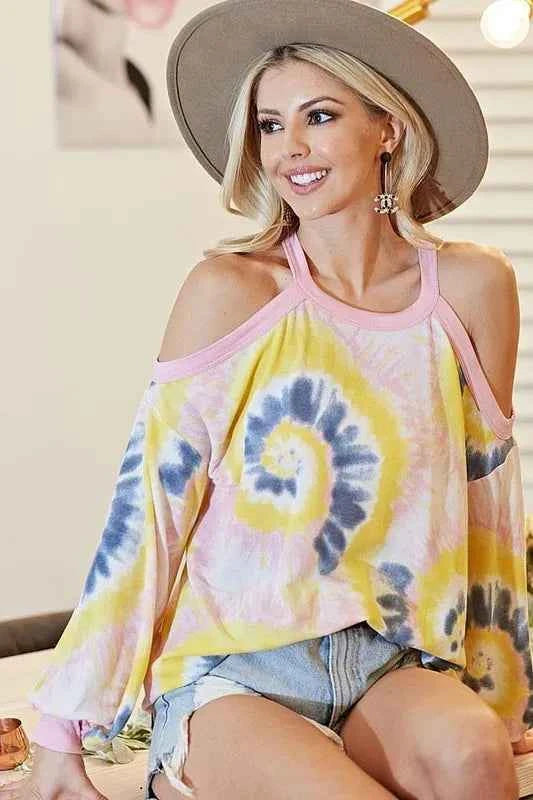 BiBi Tie Dye Print Terry Top with Cold Shoulder Detail BiBi Tie Dye Print Terry Top with Cold Shoulder Detail