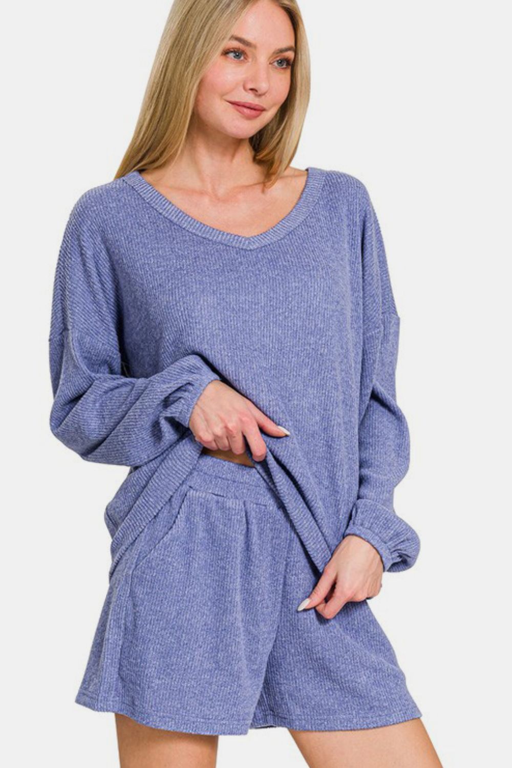 Zenana V-Neck Long Sleeve Ribbed Top and Shorts Set Zenana V-Neck Long Sleeve Ribbed Top and Shorts Set - TopFashionHQ