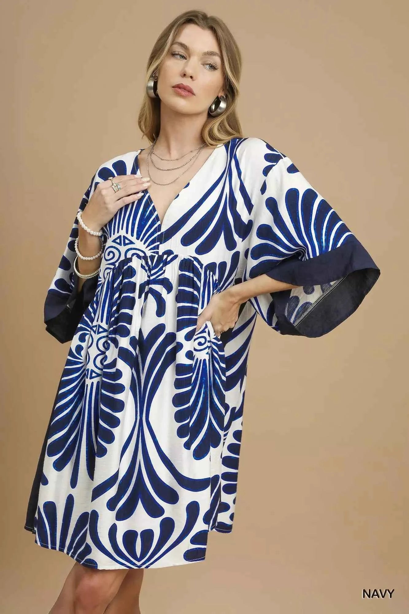 Umgee Abstract Print Kimono Sleeve Mini Dress Umgee Abstract Print Kimono Sleeve Mini Dress