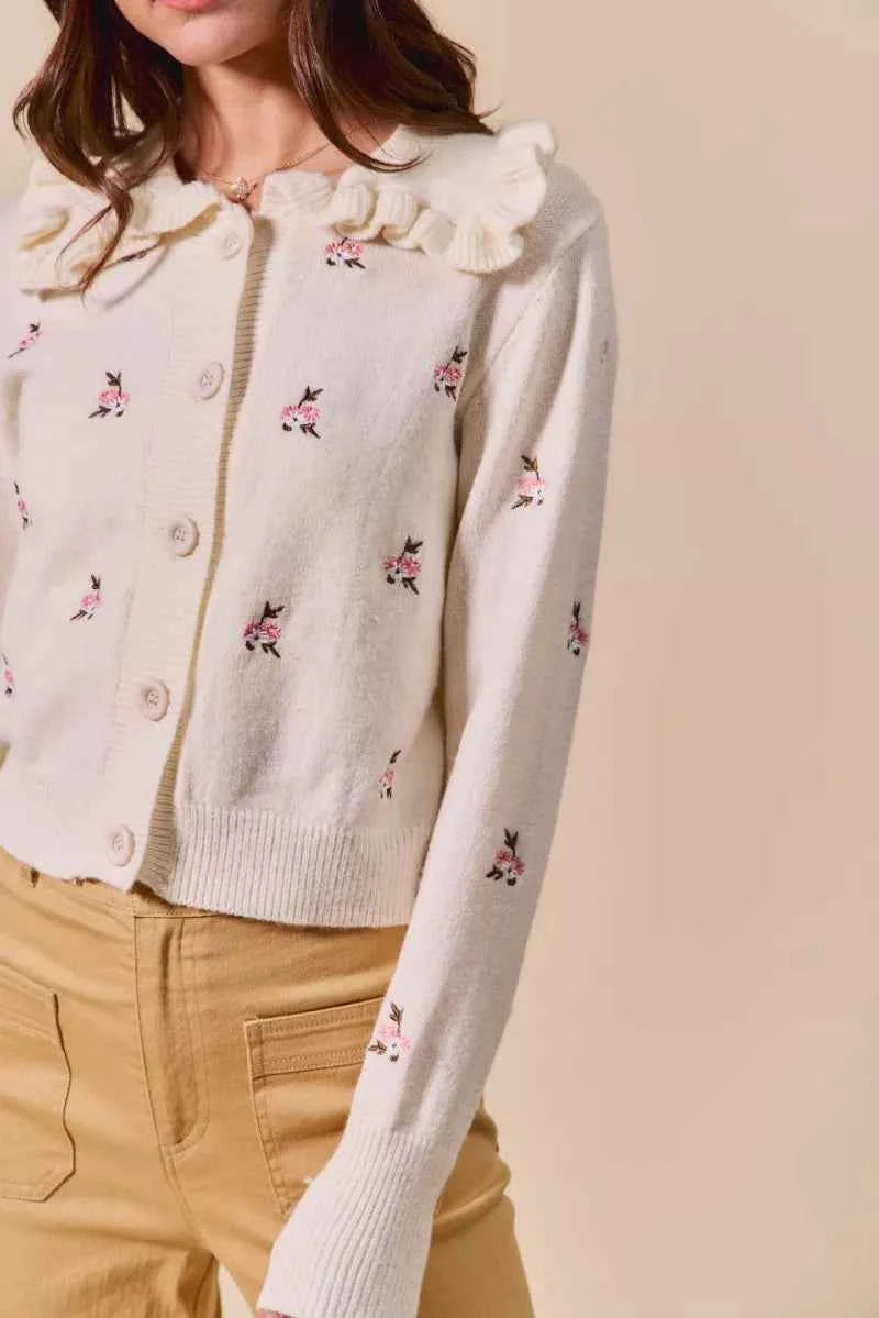 SO ME Collared Floral Embroidered Button Down Sweater Cardigan SO ME Collared Floral Embroidered Button Down Sweater Cardigan