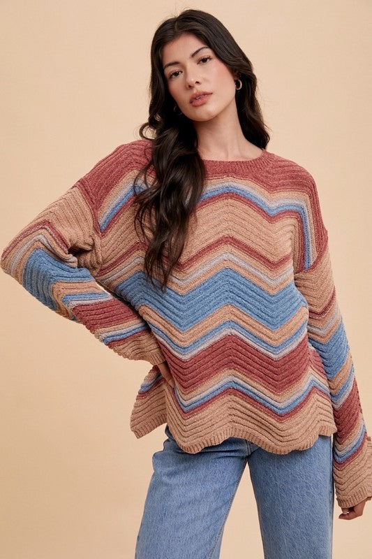 Annie Wear Multi Color Zig-Zag Round Neck Sweater Annie Wear Multi Color Zig-Zag Round Neck Sweater