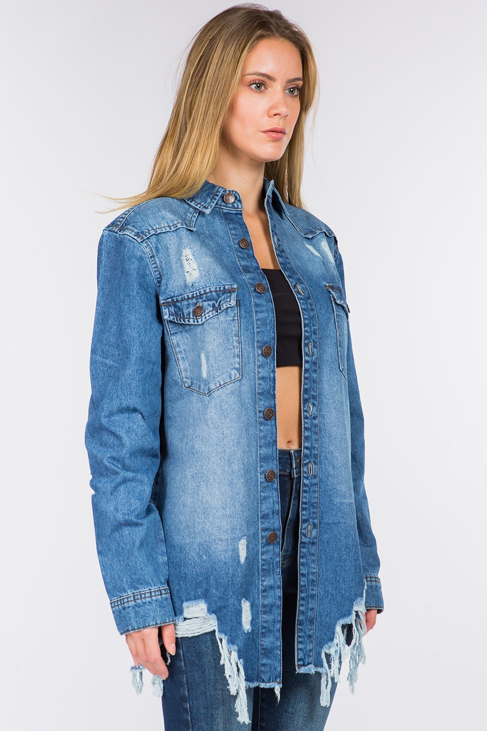 American Bazi Distressed Frayed Hem Denim Jacket American Bazi Distressed Frayed Hem Denim Jacket - TopFashionHQ