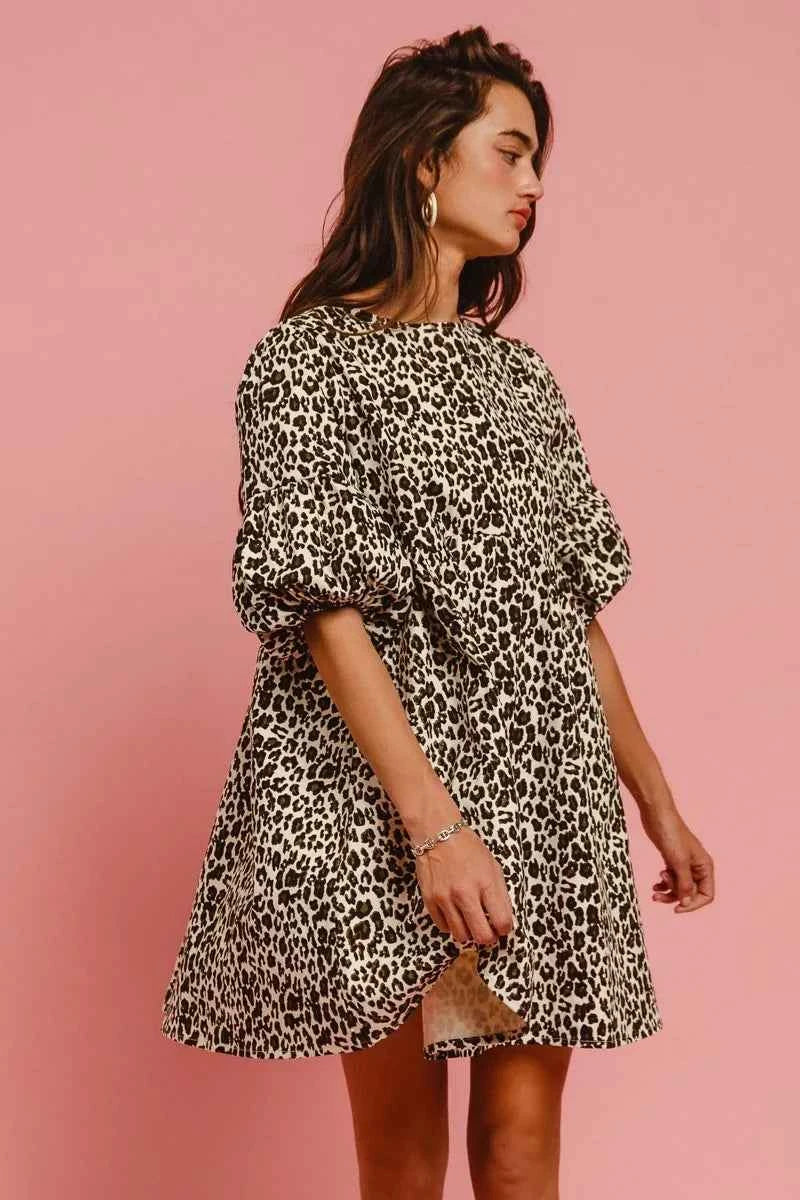 BiBi Leopard Denim Dress With Back Contrast Tie Detail BiBi Leopard Denim Dress With Back Contrast Tie Detail