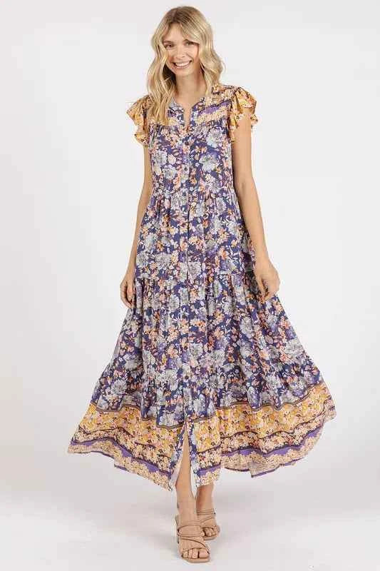 Mittoshop Floral Ruffled Notched Cap Sleeve Maxi Dress Mittoshop Floral Ruffled Notched Cap Sleeve Maxi Dress