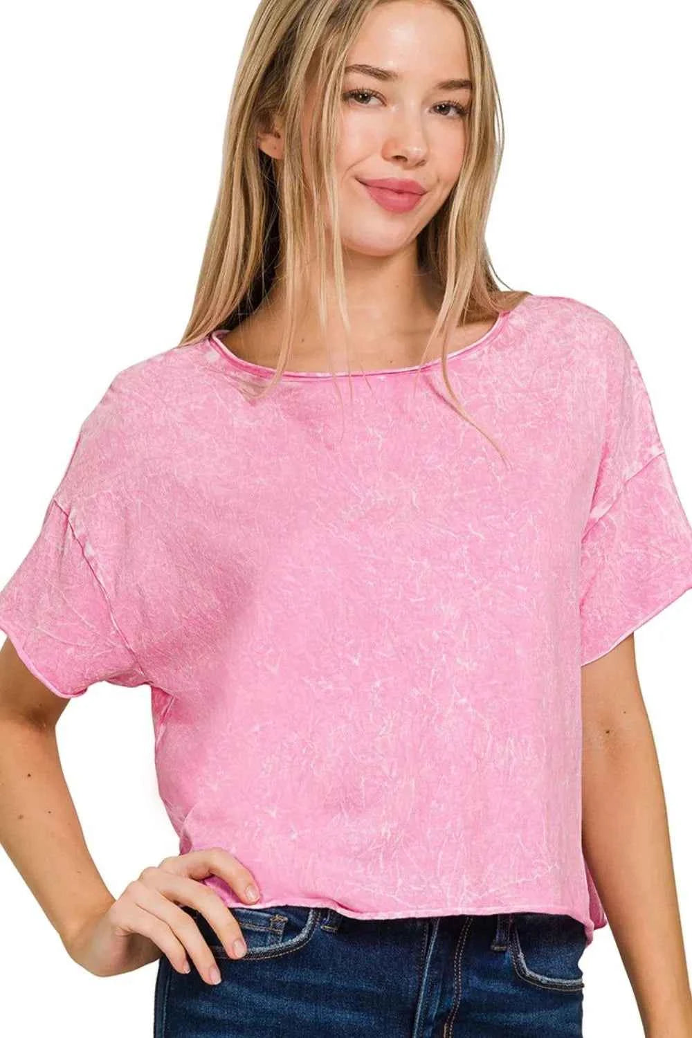 Zenana Washed Crew Neck Short Sleeve Crop Box Tee Zenana Washed Crew Neck Short Sleeve Crop Box Tee