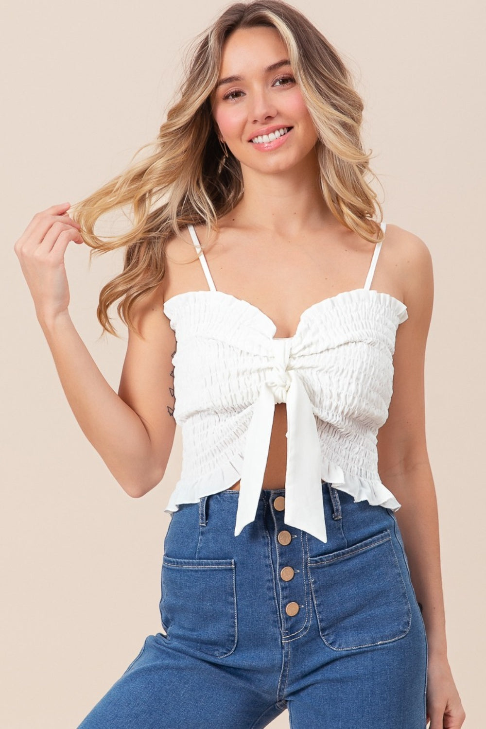 BiBi Ruffled Smocked Ribbon Detail Cami BiBi Ruffled Smocked Ribbon Detail Cami - TopFashionHQ