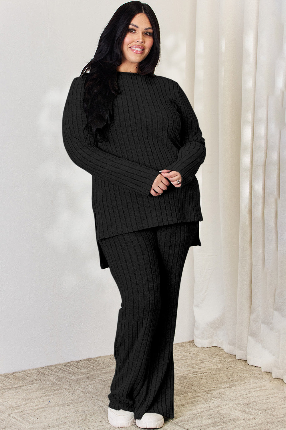 Basic Bae Full Size Ribbed High-Low Top and Wide Leg Pants Set Basic Bae Full Size Ribbed High-Low Top and Wide Leg Pants Set - TopFashionHQ