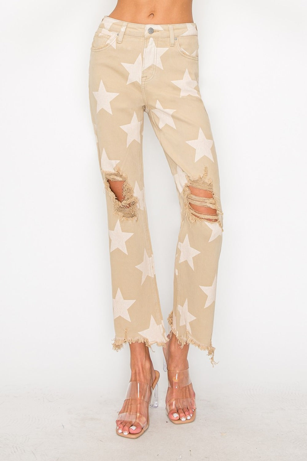 RISEN Full Size High Rise Star Printed Frayed Hem Jeans RISEN Full Size High Rise Star Printed Frayed Hem Jeans - TopFashionHQ